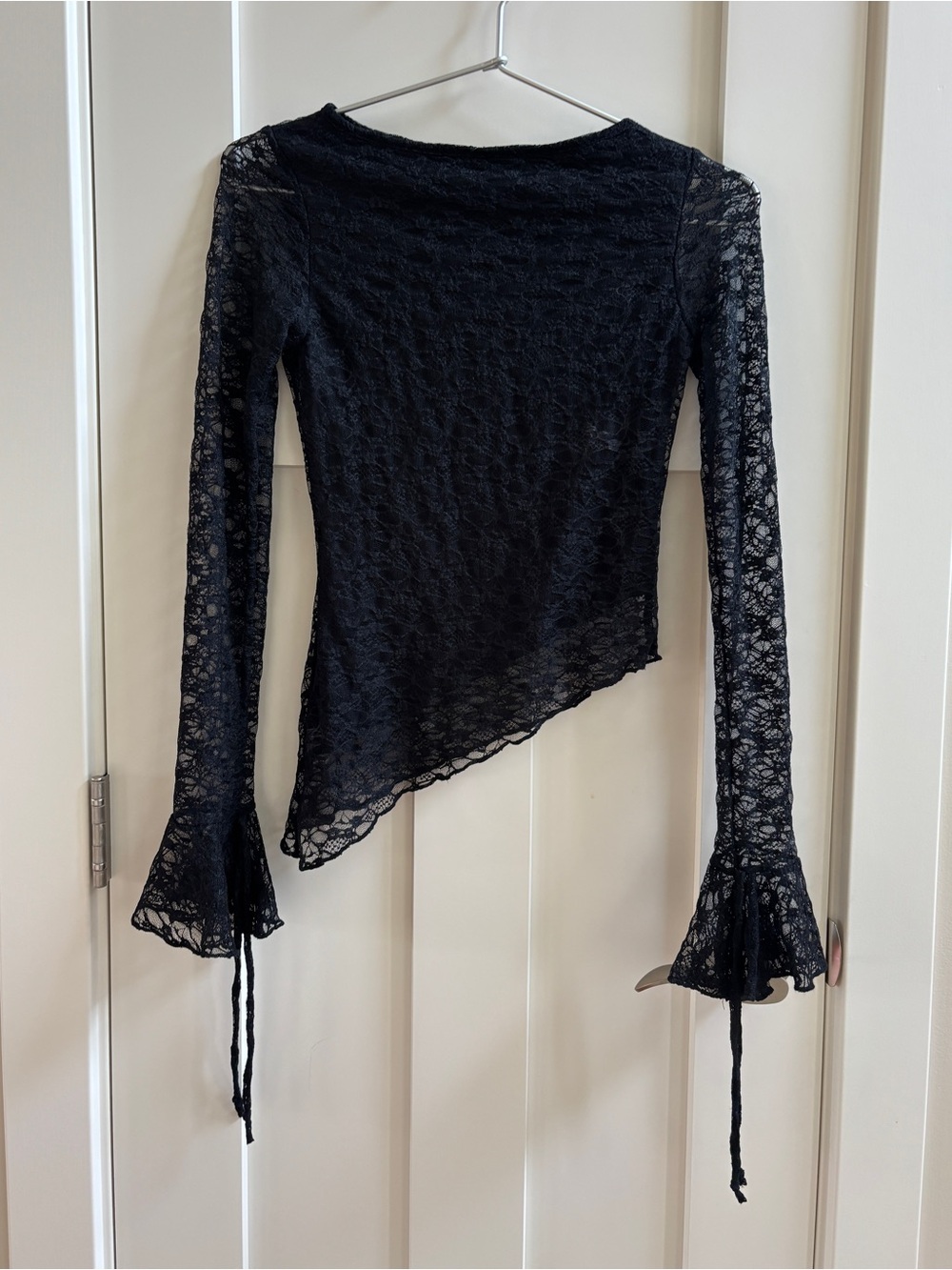 See You Monday Womens Black Lace Asymmetrical Long Sleeve Top Size S